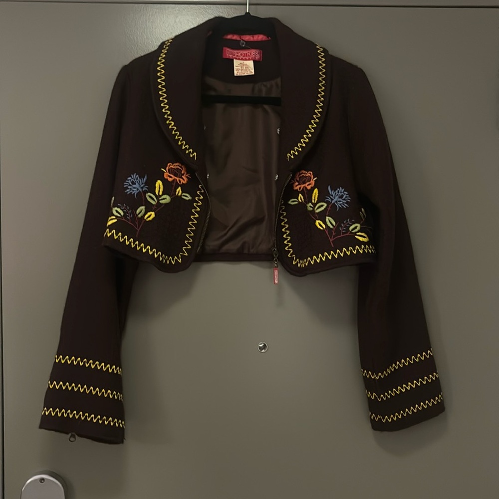 HOT KISS Cropped Brown Embroidered Jacket
